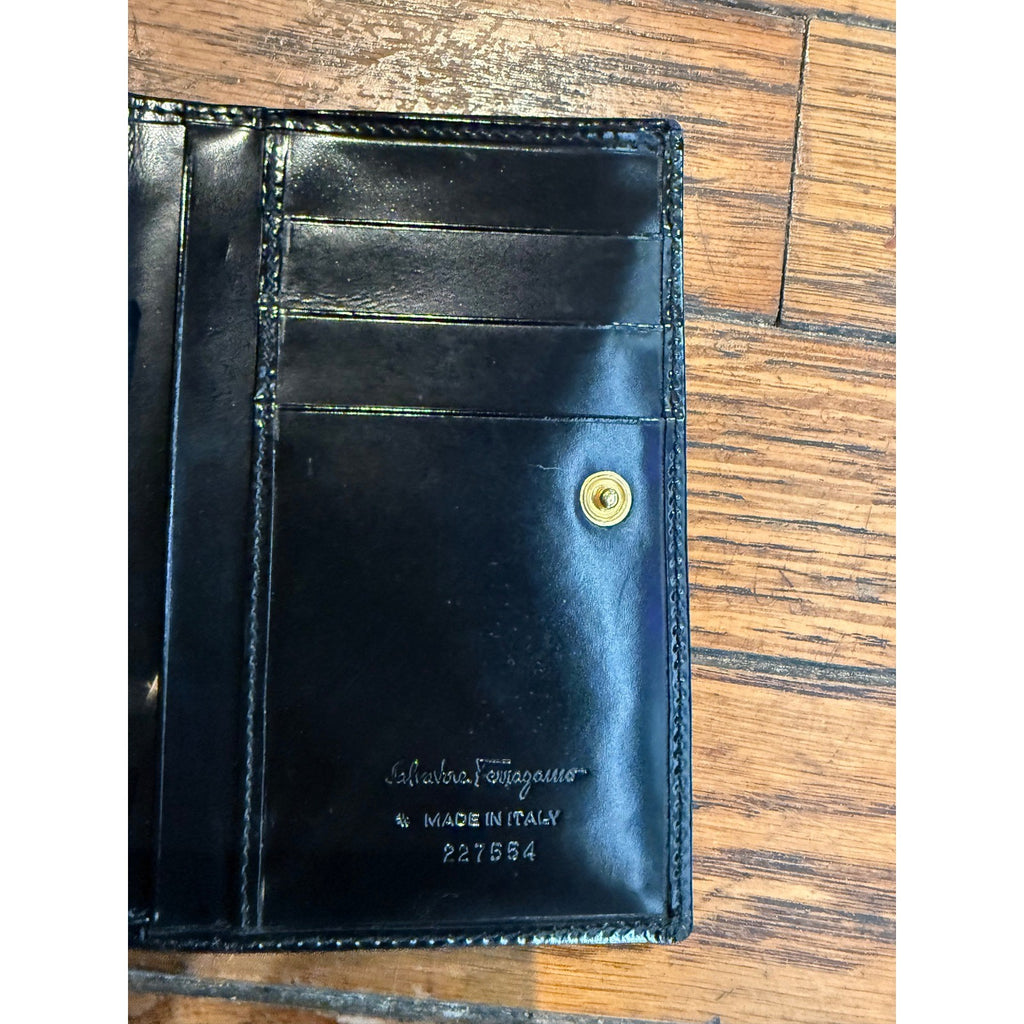 Salvatore Ferragamo Black Patent Leather Gancini Bifold Wallet 227554 Italy