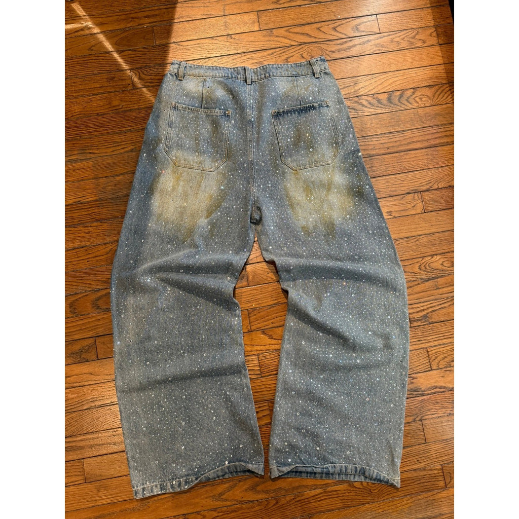 Vale Sports Division Rhinestone Baggy Jeans Dirty Wash Blue Wide Leg 32x31