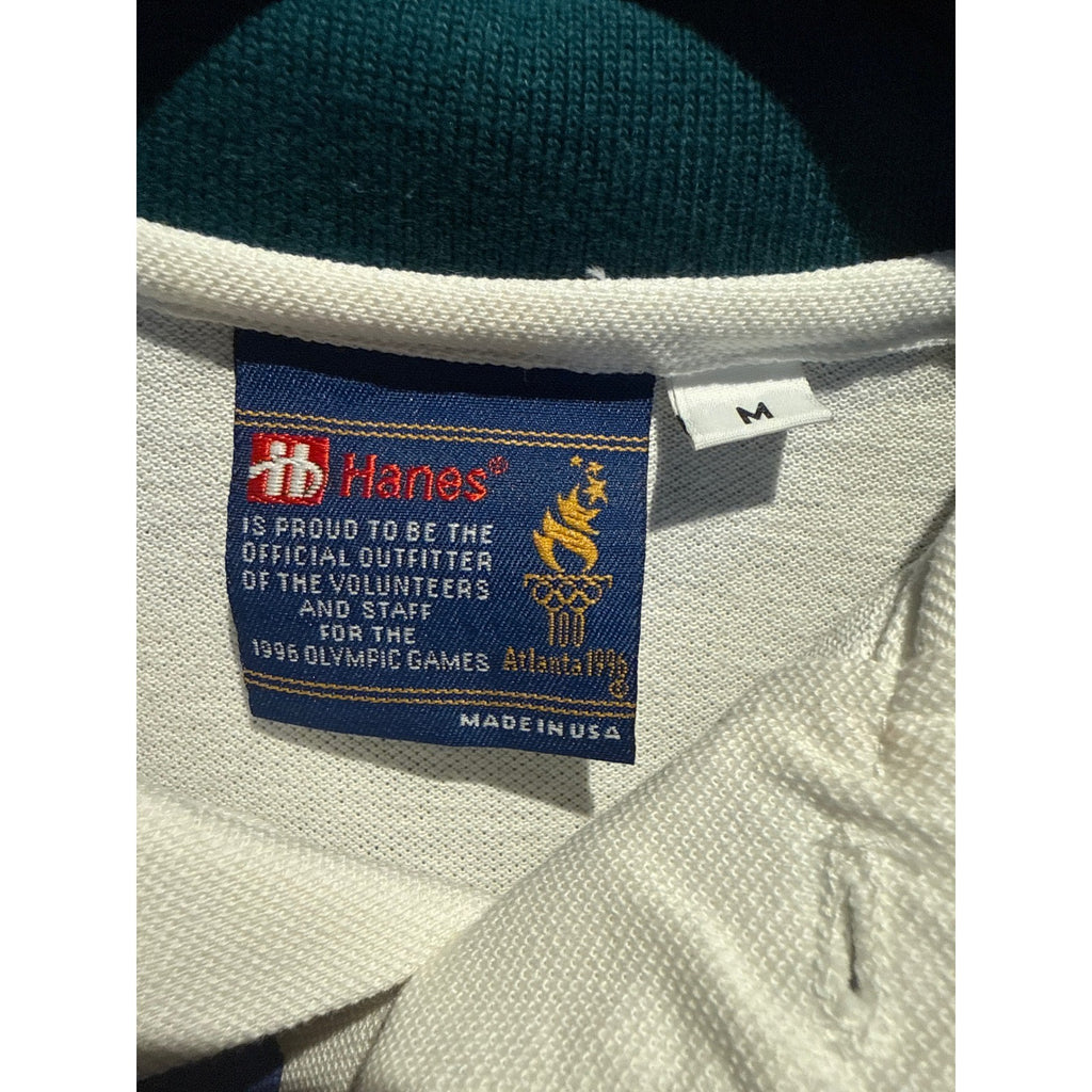 Vintage 1996 Atlanta Olympics Polo Shirt Hanes All Over Print White Teal XL
