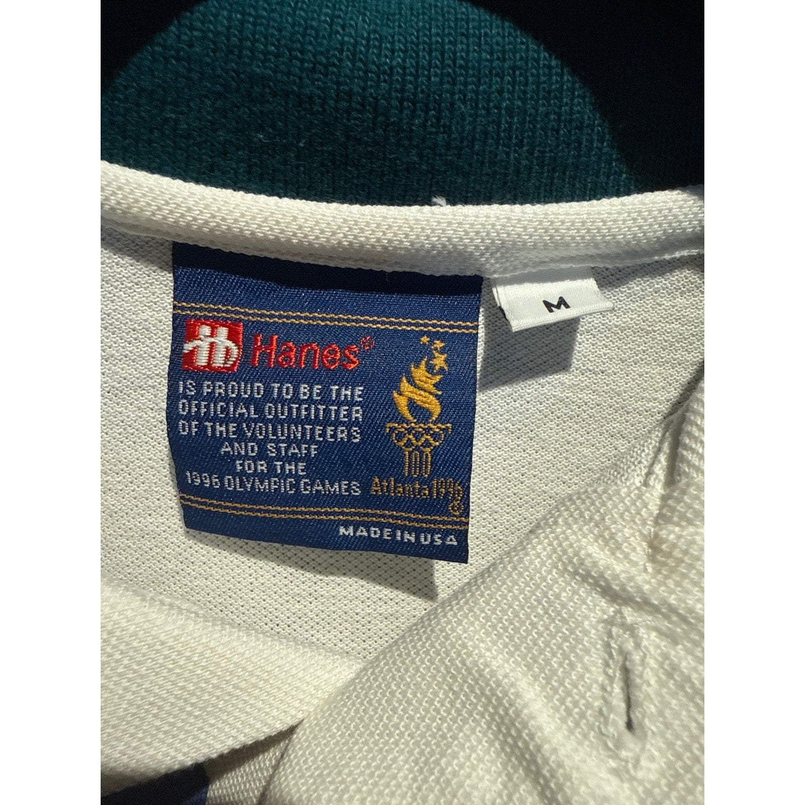 Vintage 1996 Atlanta Olympics Polo Shirt Hanes All Over Print White Teal XL