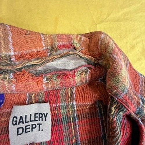 Gallery Dept Mens Plaid Distressed Flannel Shirt Red Orange Large Made in USA