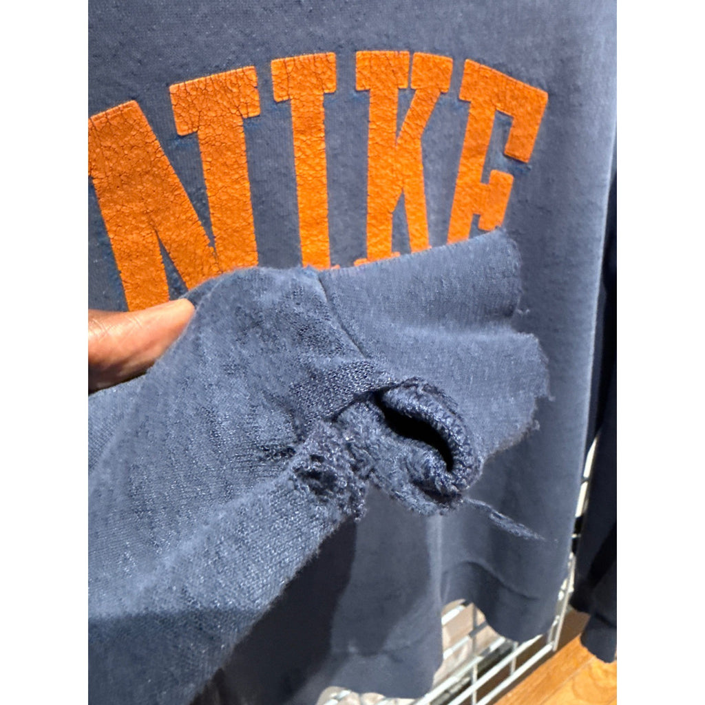 Nike Vintage Mens Sweatshirt Navy Blue Orange Graphic Pullover Raw Hem Boxy L