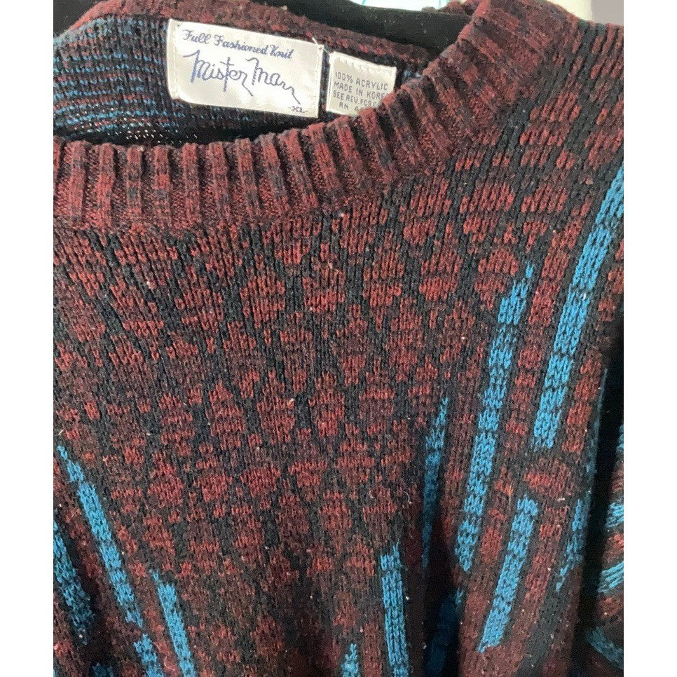 Mister Man Mens Burgundy Blue Geometric Pattern Knit Sweater XL