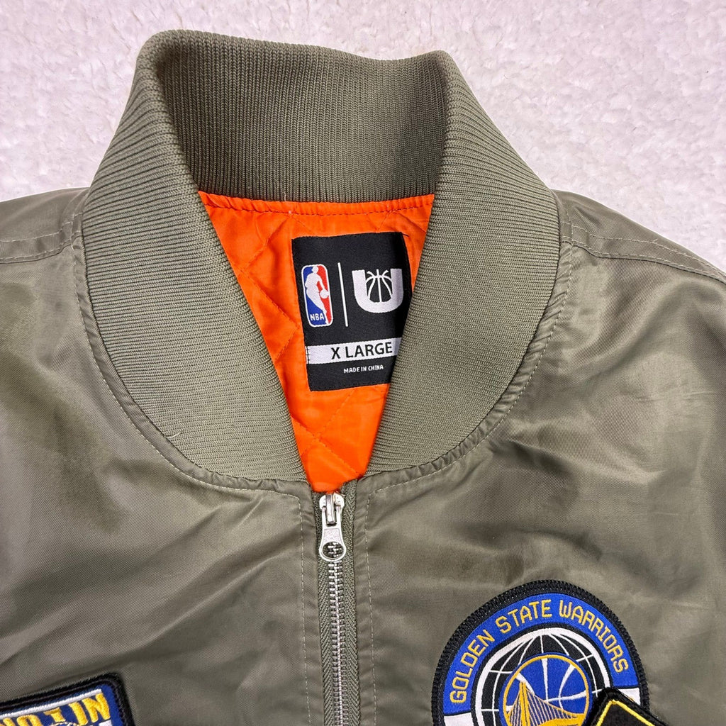 Golden State Warriors Bomber Jacket Mens XL Olive Green NBA Patch Orange Lining