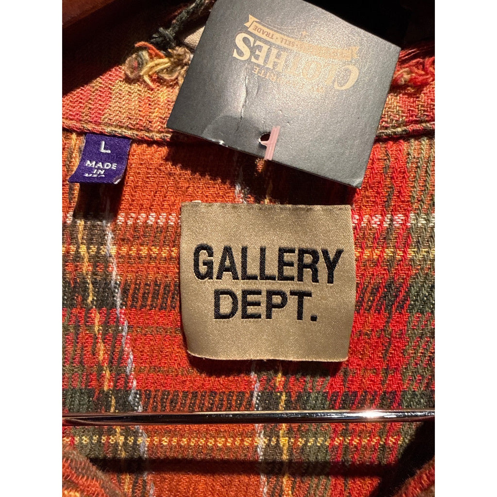 Gallery Dept Distressed Flannel Shirt Orange Red Plaid Button Down Mens Large