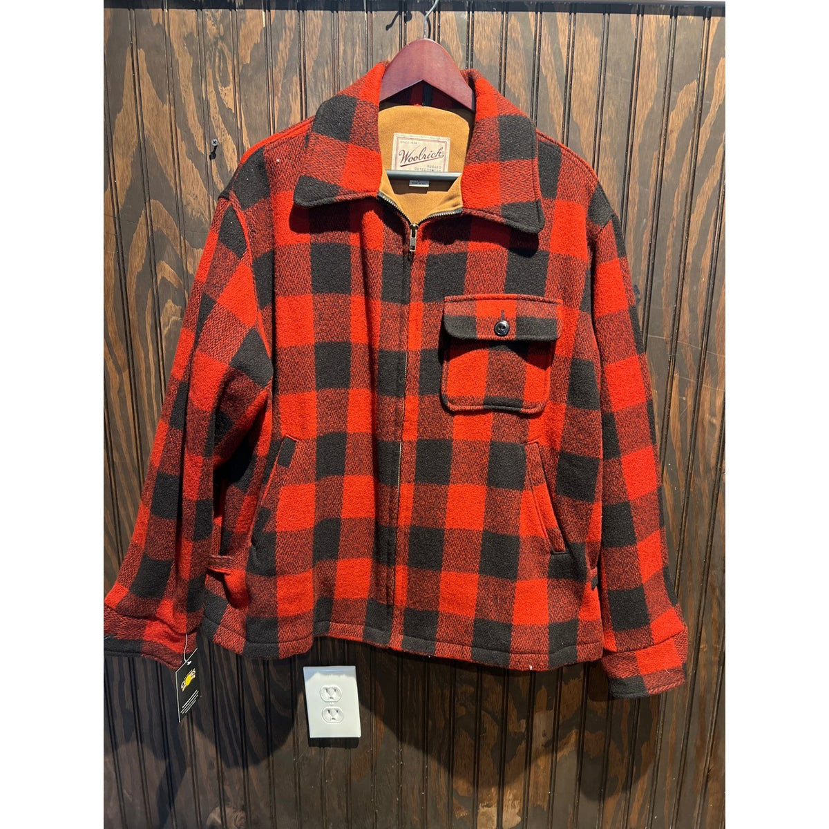 Woolrich Buffalo Plaid Wool Blend Zip Up Jacket Red Black Mens XL Cruiser Coat