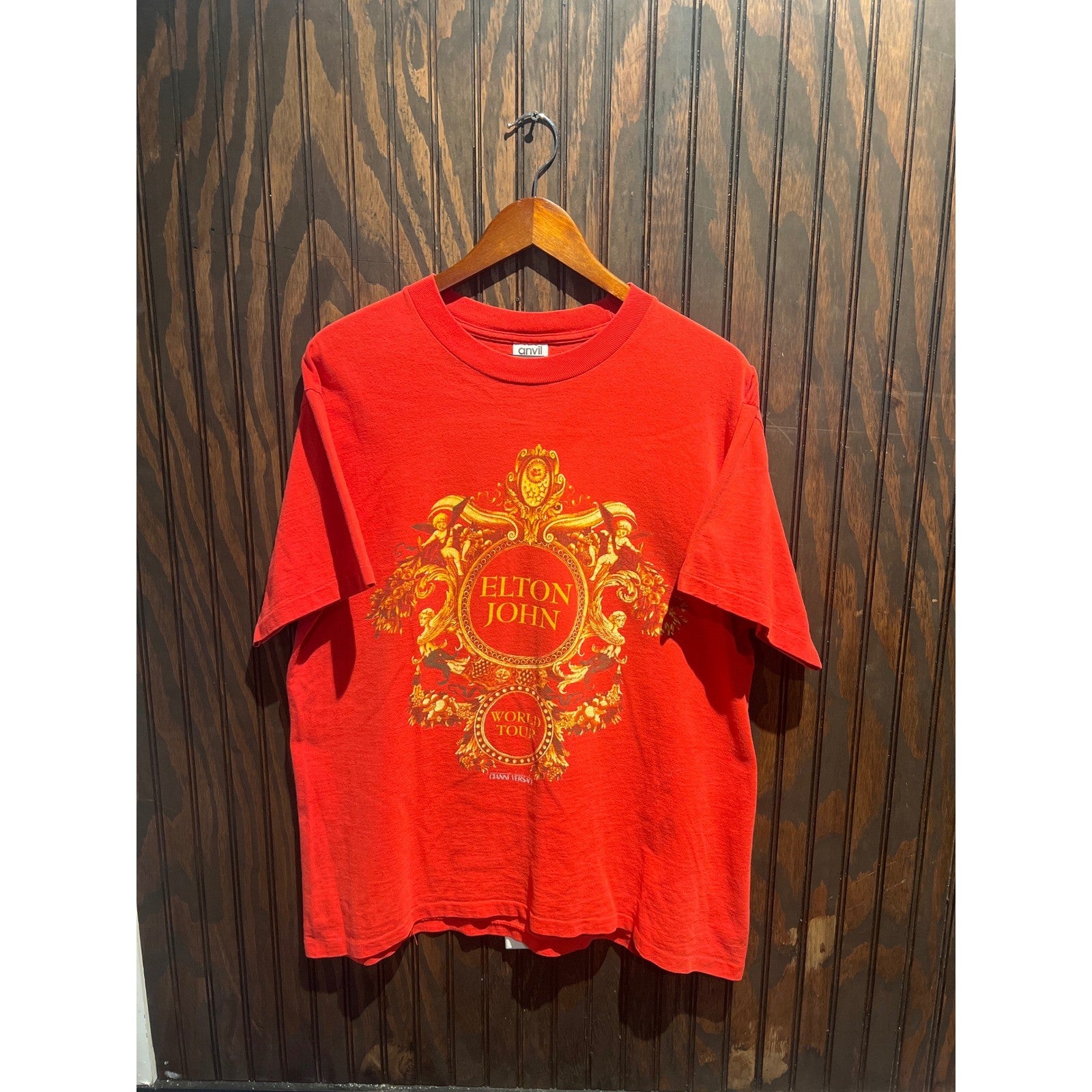 Vintage 1993 Elton John World Tour Versace T-Shirt Red Anvil Mens Large 27x20