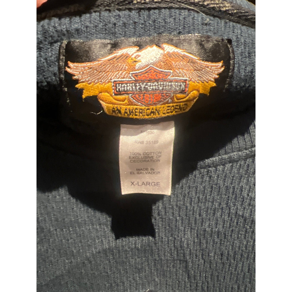 Harley Davidson Waffle Knit Thermal Long Sleeve Shirt Navy Blue Biker Logo