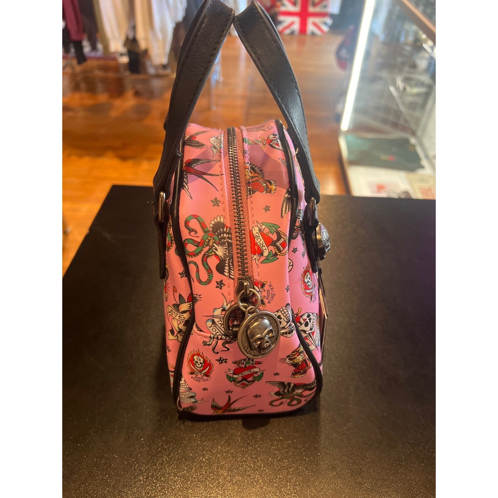 Ed Hardy Pink Tattoo Print Mini Bowler Bag Skull Hardware Y2K Satchel NEW