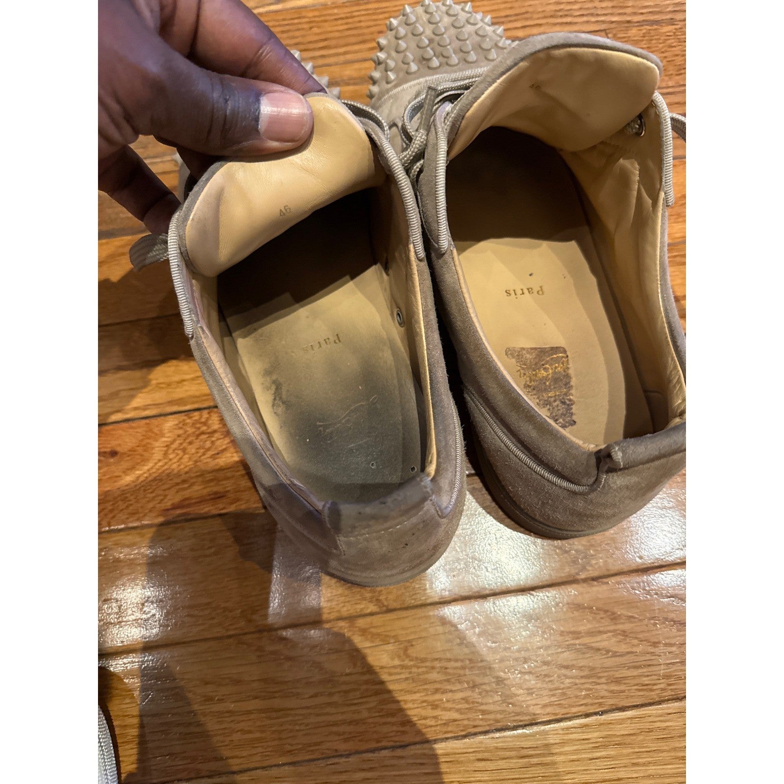 Christian Louboutin Louis Junior Spikes Taupe Suede Low Top Sneakers Mens 46