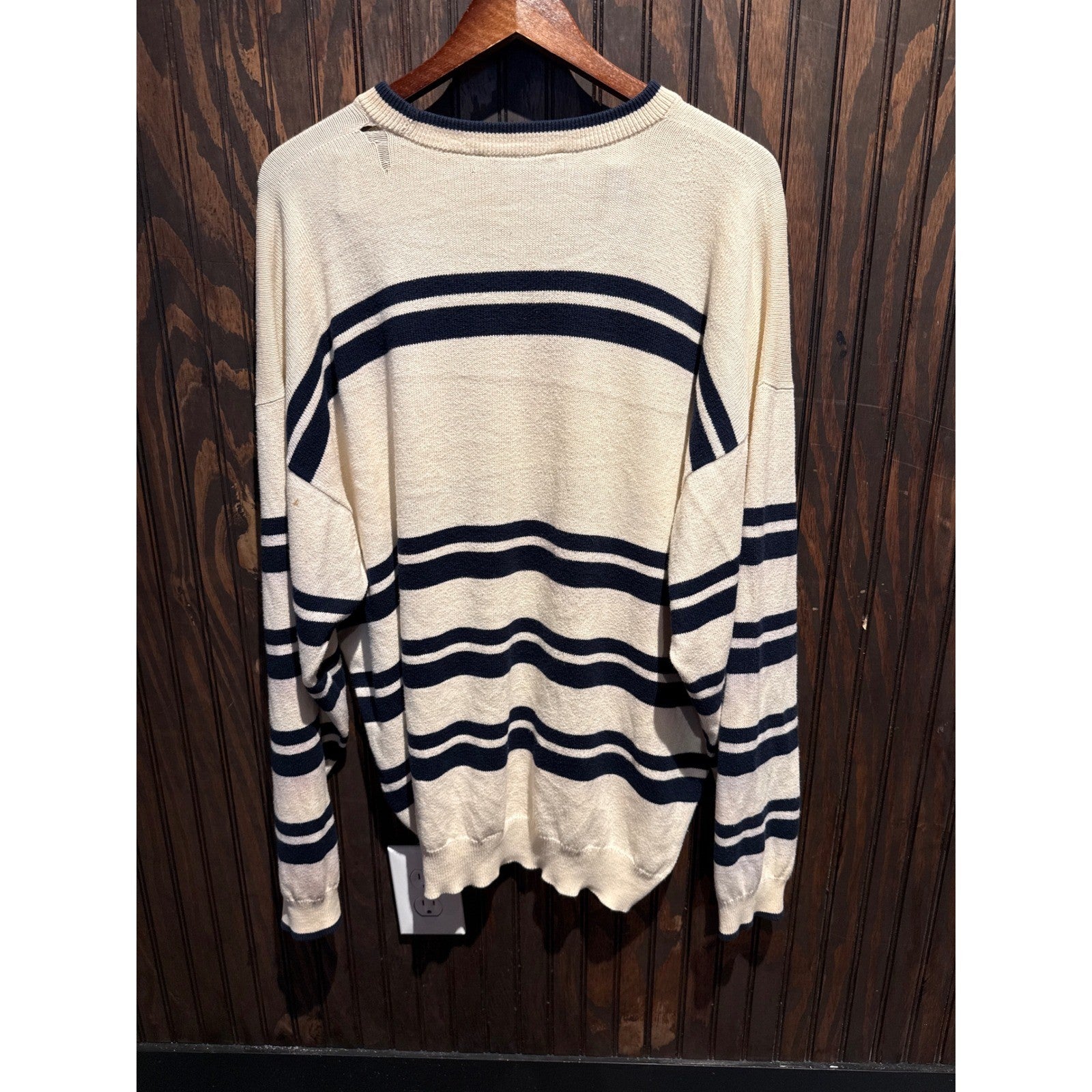 Vintage Burberry Sport Mens Nautical Sailboat Striped Knit Sweater Cream Navy