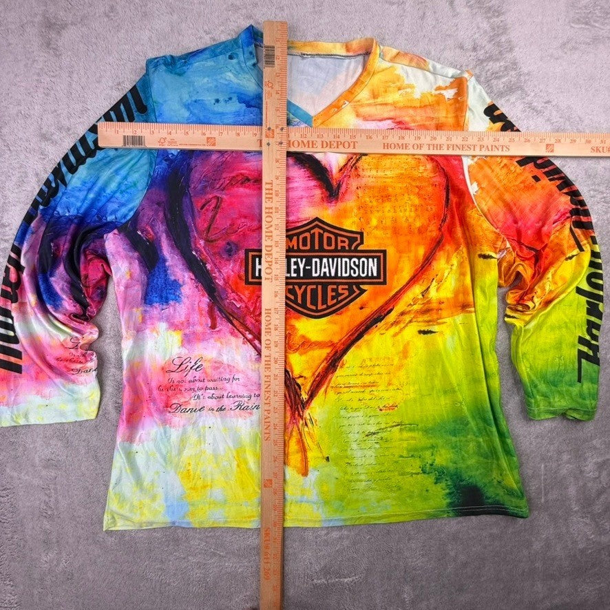 Harley-Davidson Women XL Tie Dye Heart Graphic V-Neck Long Sleeve Shirt Multi