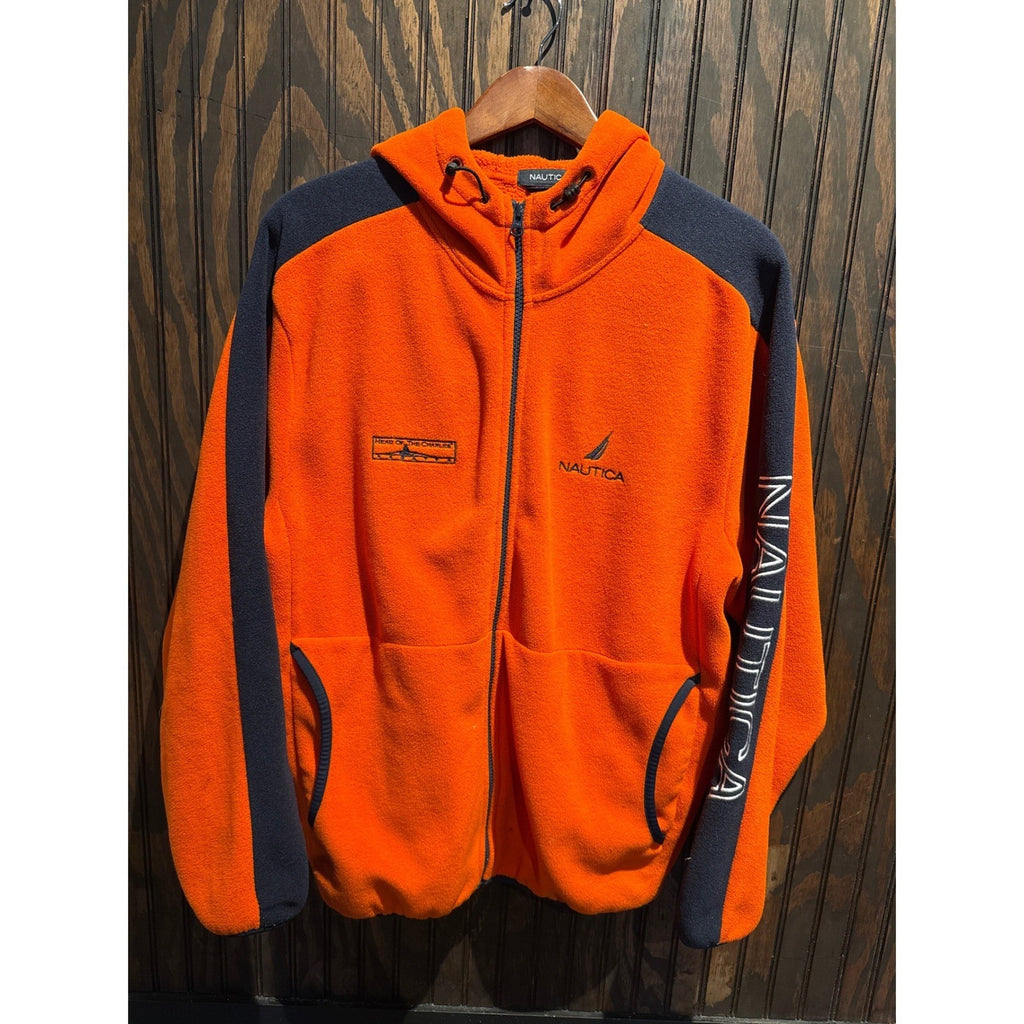 Nautica Head of the Charles Fleece Hoodie Mens XL Orange Navy Full Zip Jacket