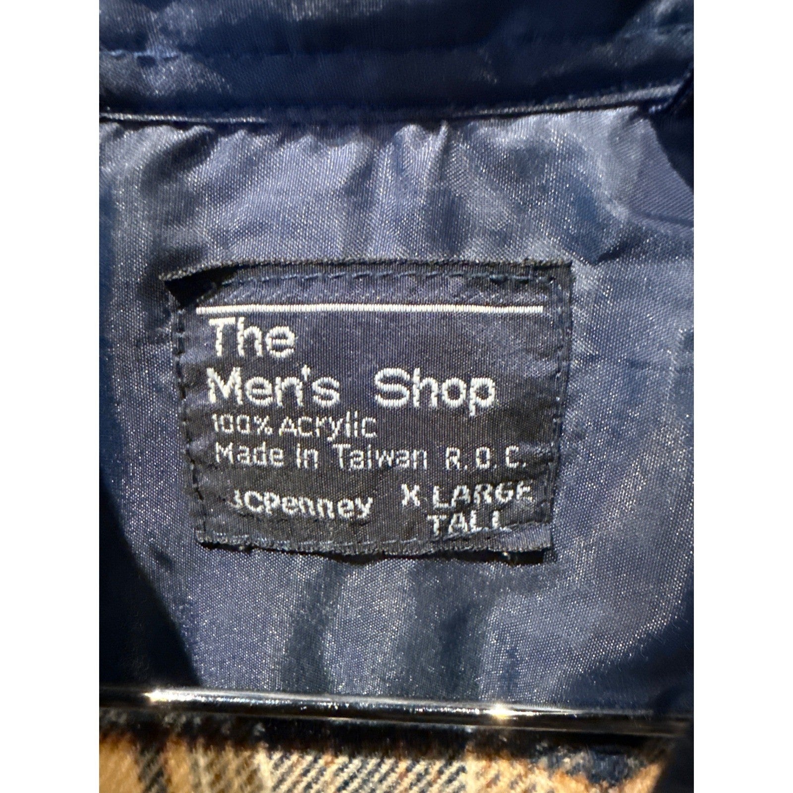 Vintage JCPenney The Mens Shop Flannel Shirt Blue Tan Plaid Acrylic Lined 26x31