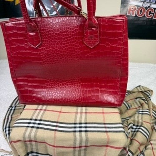 STUDIO BADGLEY MISCHKA Red Croc Embossed Tote Shoulder Bag Gold Hardware