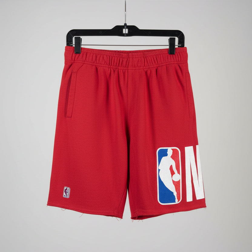 NBA Mens Fleece Sweat Short Red Basketball Graphic Raw Hem Elastic Waist Pockets