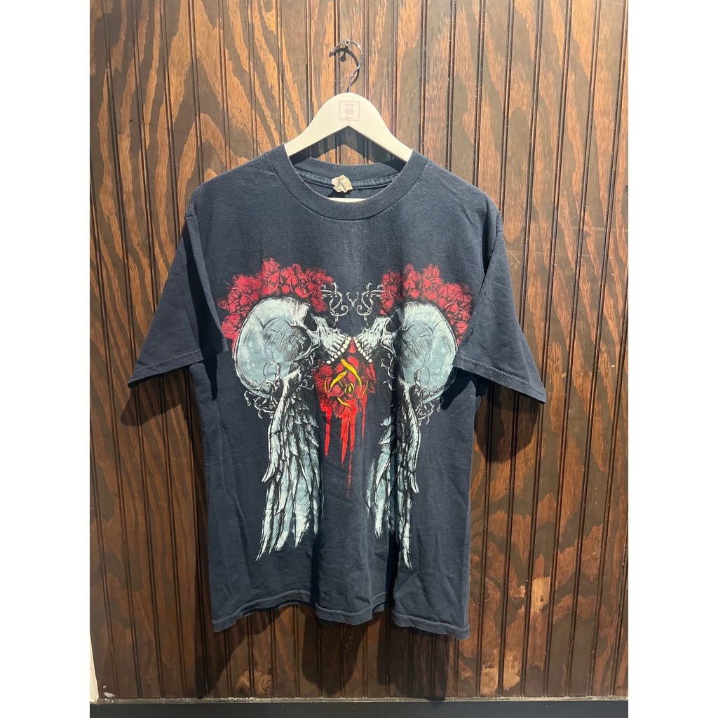 Vintage Skull Angel Wings Red Roses Graphic T-Shirt Faded Black Single Stitch L