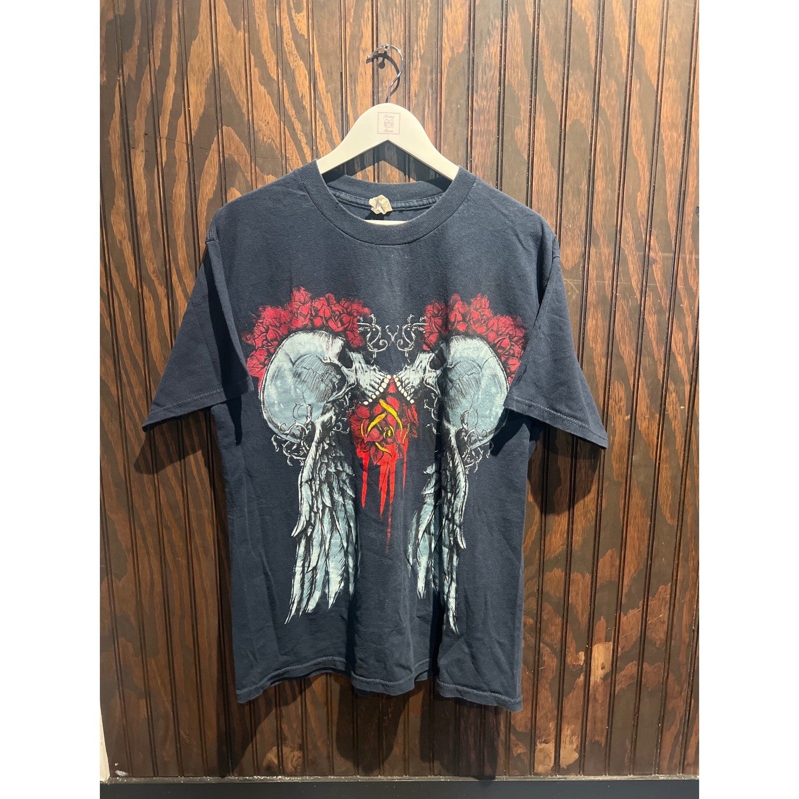 Vintage Skull Angel Wings Red Roses Graphic T-Shirt Faded Black Single Stitch L