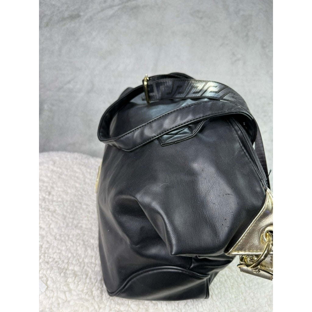 Versace Black Faux Leather Tote Bag Gold Medusa Logo Chain Strap