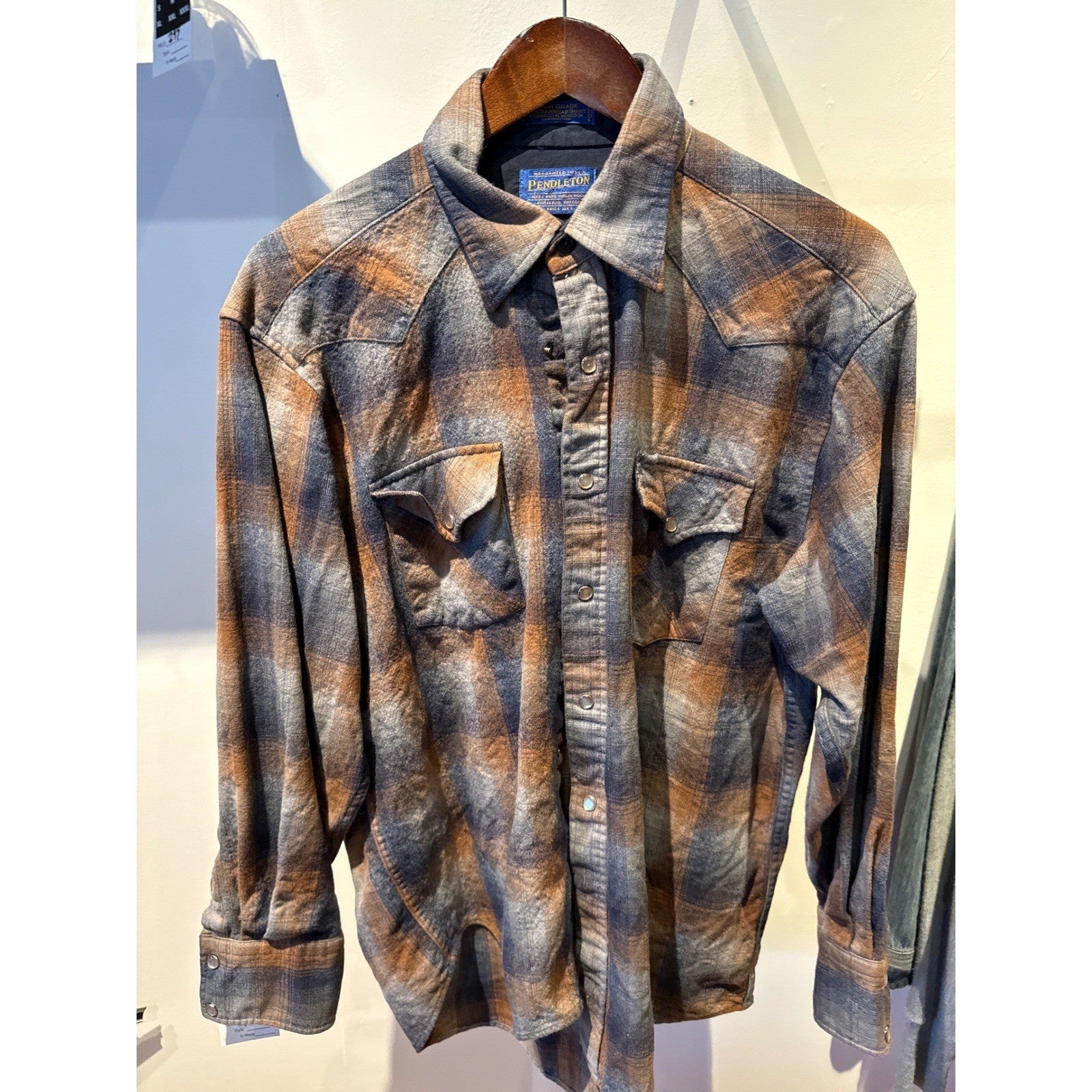 Pendleton High Grade Western Wear Wool Plaid Flannel Pearl Snap Shirt Mens L Br