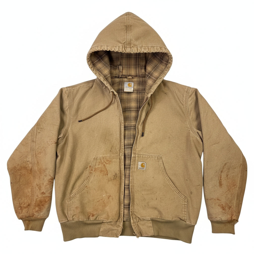 Carhartt Sandstone Duck Sherpa Lined Hooded Work Jacket Mens Large Tan Workwear