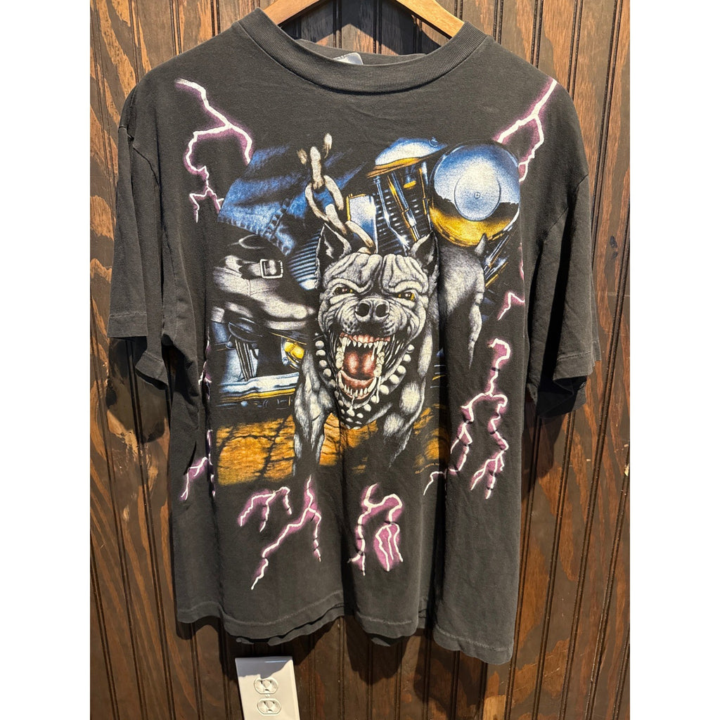 Vintage 90s Biker Dog Lightning Graphic T-Shirt Faded Black Single Stitch 22x28