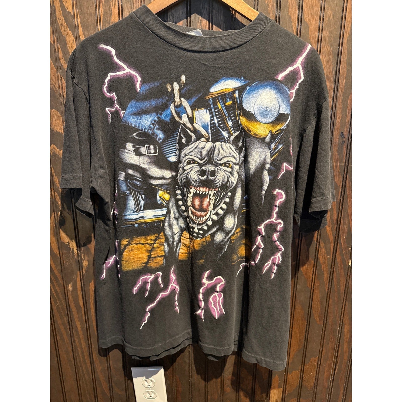 Vintage 90s Biker Dog Lightning Graphic T-Shirt Faded Black Single Stitch 22x28
