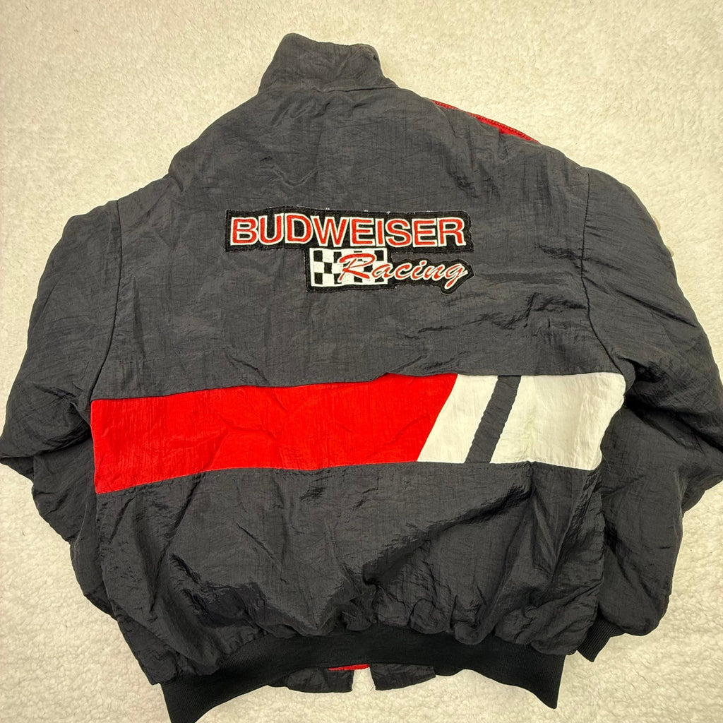 Vintage Budweiser Racing Team Jacket Mens Black Red White Embroidered Logo