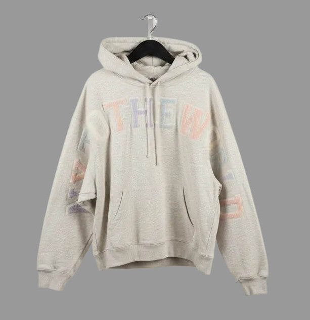 Kith Around The World Chenille Patchwork Hoodie Oatmeal Grey Mens XL Heavyweight