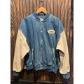 Vintage Momentum Motorcars Denim Varsity Jacket Blue Tan Snap Front Bomber L
