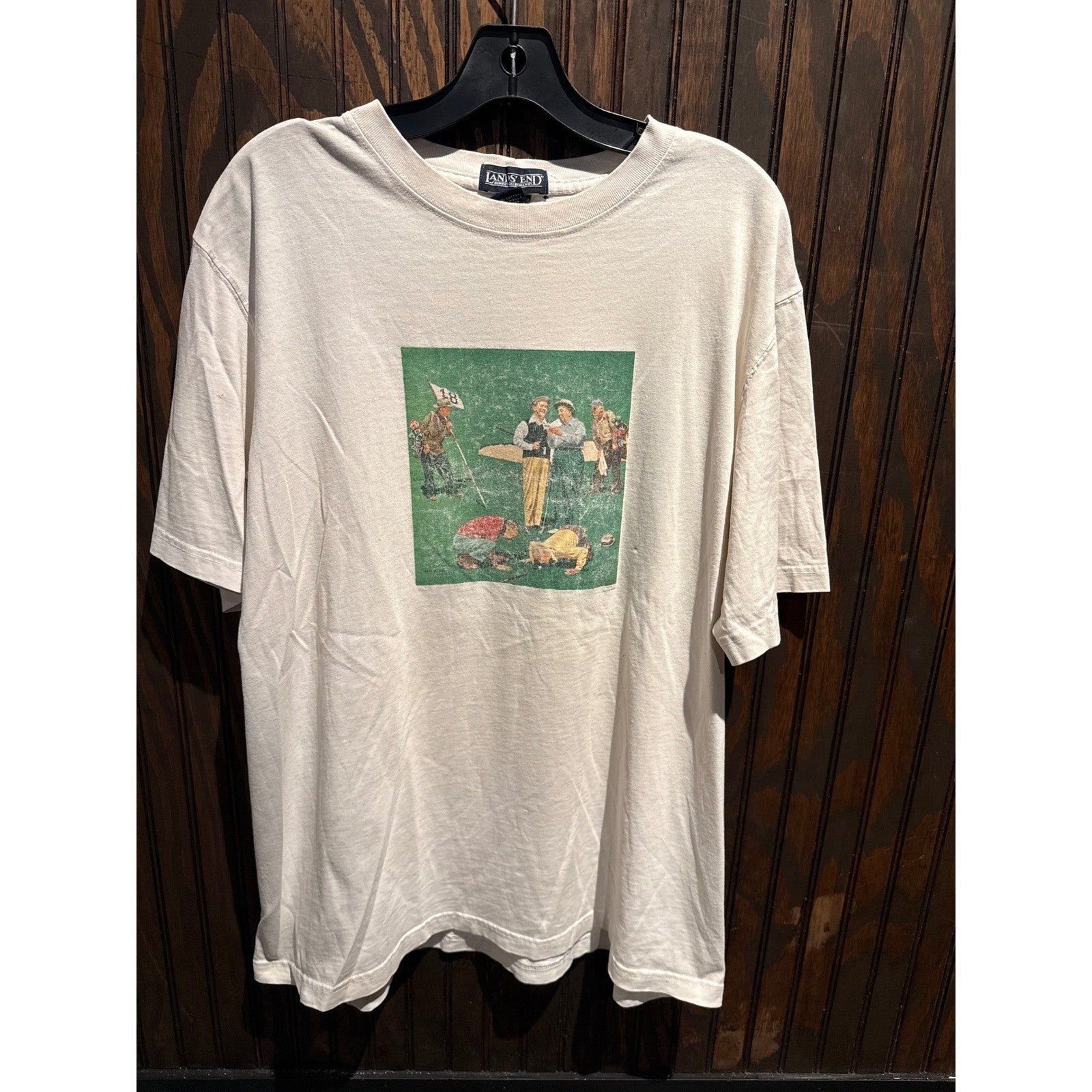 Vintage Lands End Golf Graphic T-Shirt Cream Cotton Mens XL USA Made 90s Sport