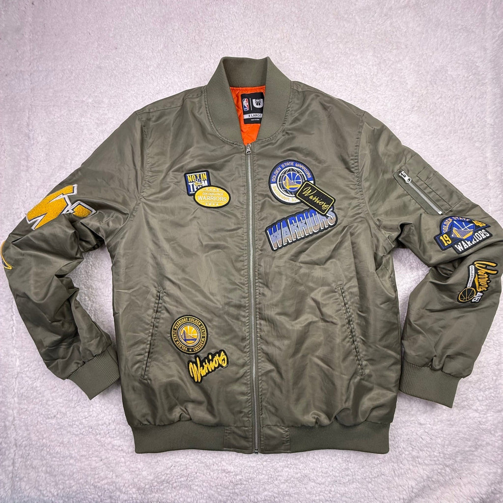 Golden State Warriors Bomber Jacket Mens XL Olive Green NBA Patch Orange Lining