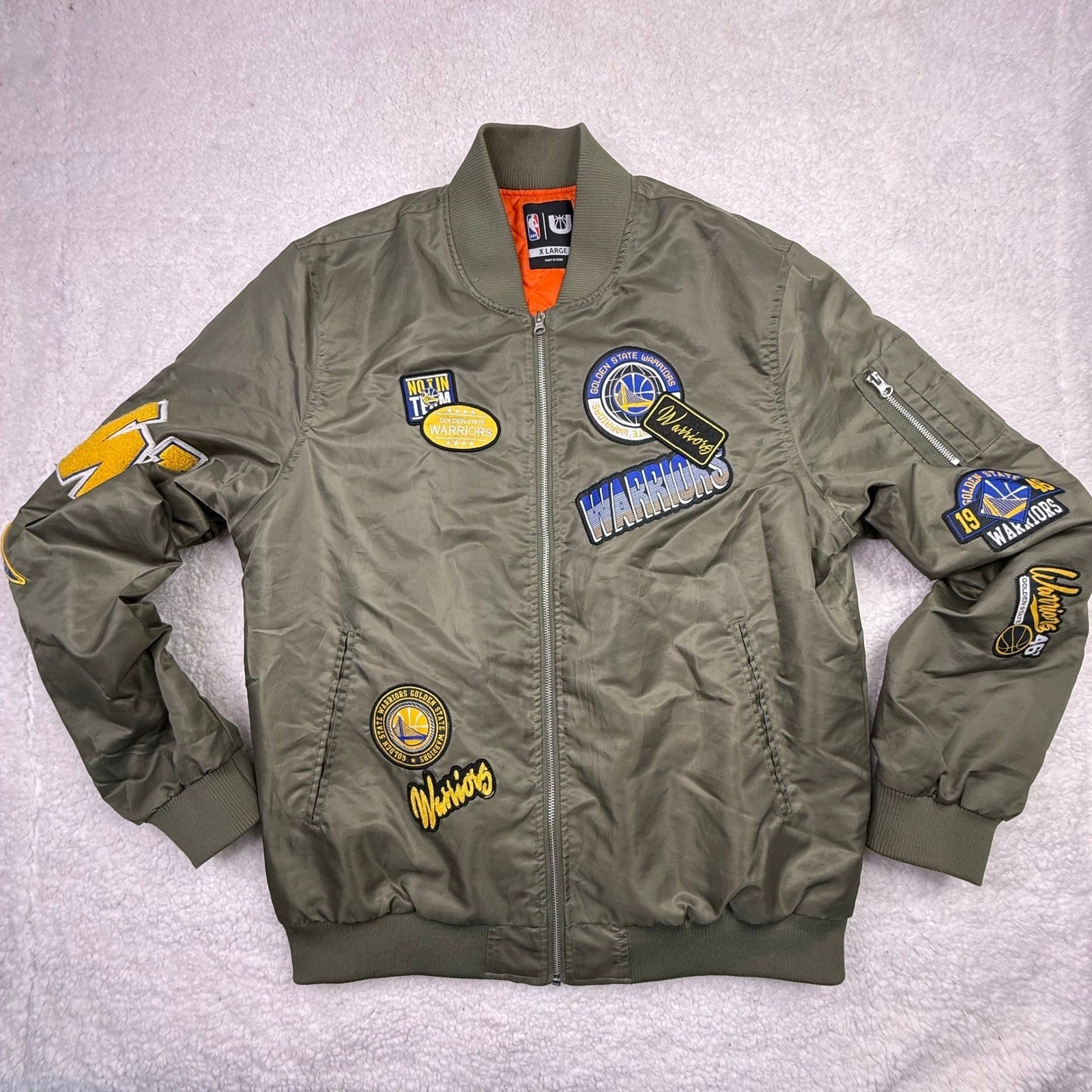 Golden State Warriors Bomber Jacket Mens XL Olive Green NBA Patch Orange Lining