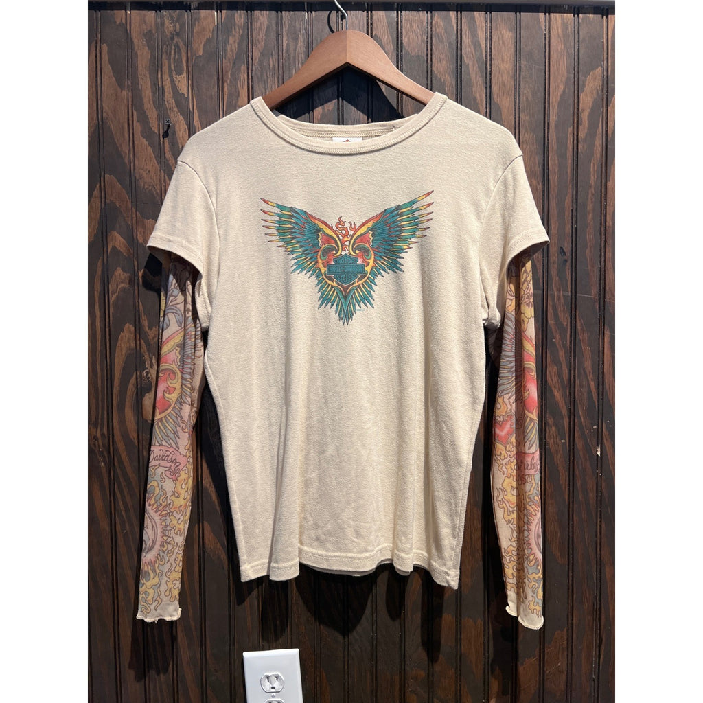 Harley-Davidson Cream Tattoo Mesh Sleeve Graphic Tee Biker Shirt 20x24