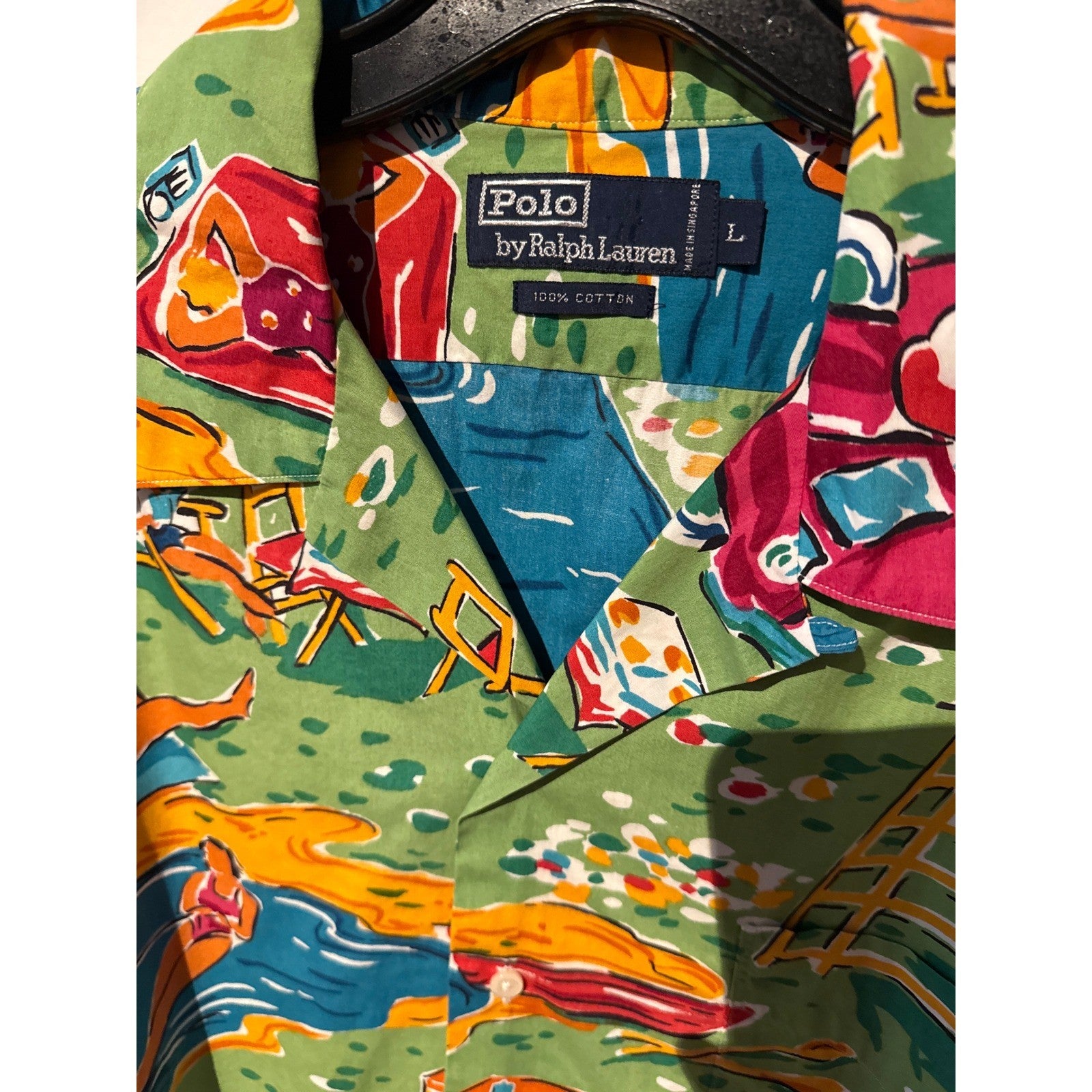 Polo Ralph Lauren Beach Scene Print Cotton Camp Shirt Green Mens Large 27x31