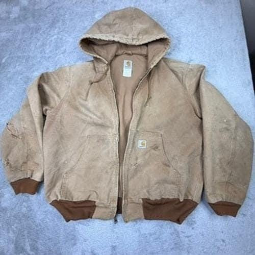 Carhartt Men's Tan Hooded Work Jacket J01 Insulated Lined Size L