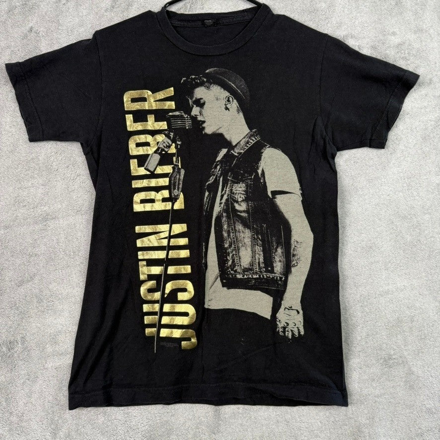 Justin Bieber Believe Tour T Shirt Black Gold Graphic Print Short Sleeve Size S