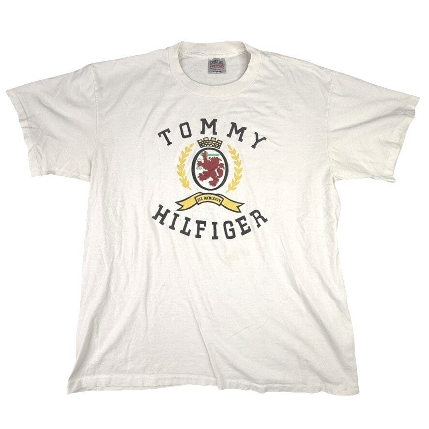 Vintage Tommy Hilfiger Crest Logo T Shirt Mens XL Beige Oneita Power Cotton