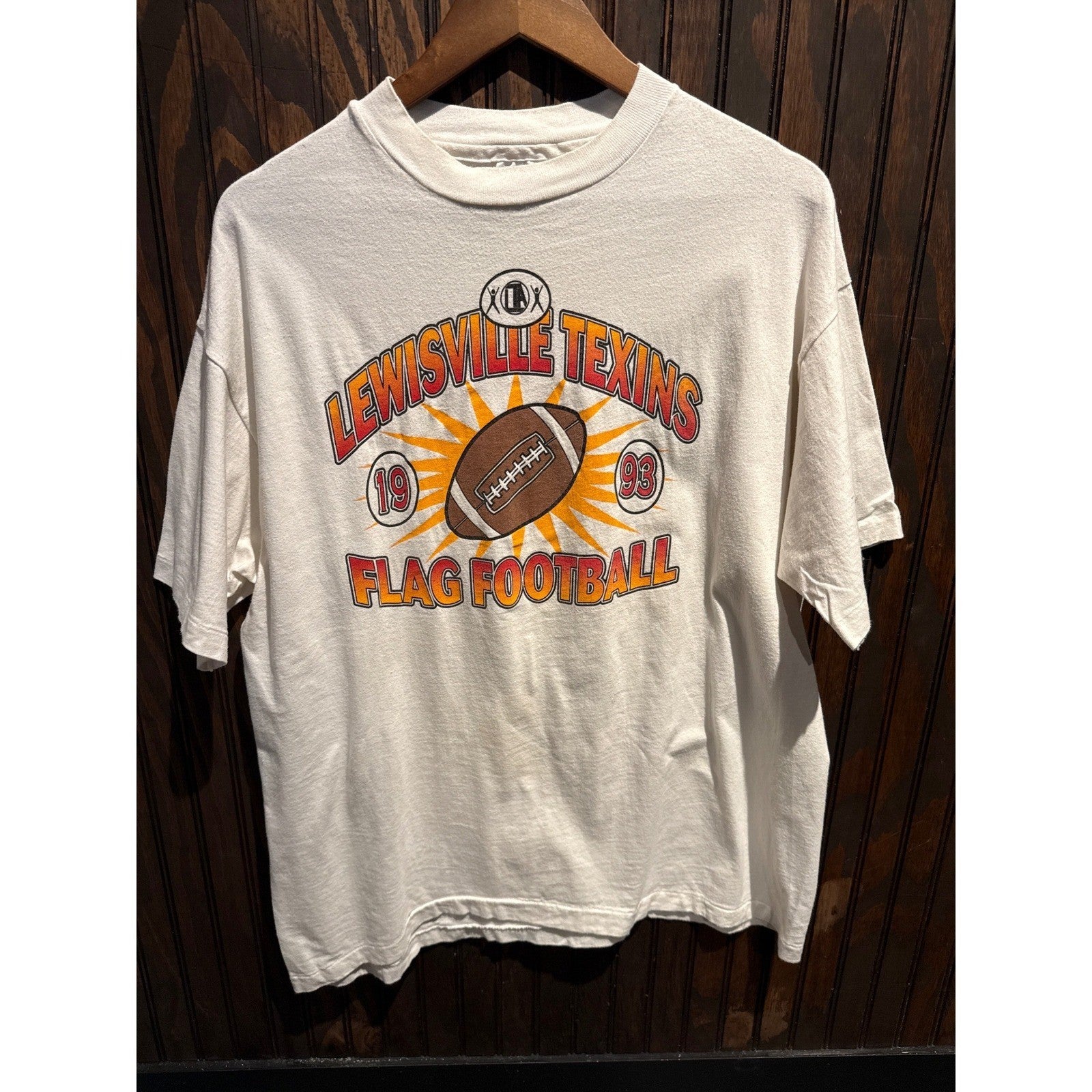 Vintage 1993 Lewisville Texins Flag Football Graphic T-Shirt White Mens XL 23x30