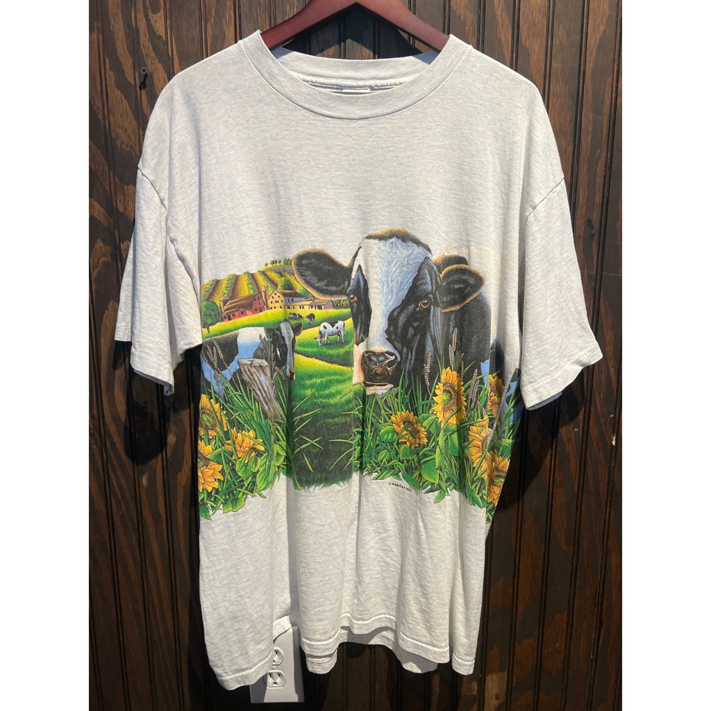 Vintage Habitat 1993 Cow Graphic T-Shirt Gray Single Stitch Farm Nature Tee L