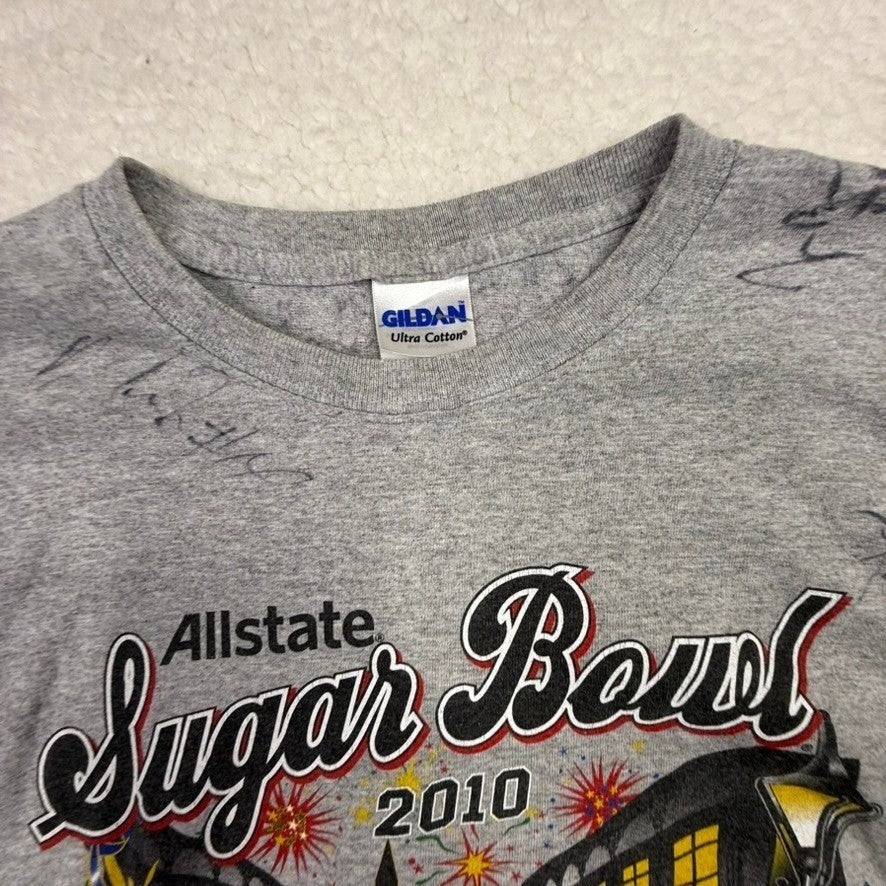 2010 Allstate Sugar Bowl Football T Shirt Gildan Ultra Cotton Gray Medium Signed