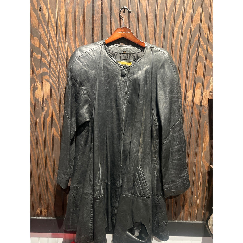 Vintage Cognac Black Leather Swing Coat Collarless Single Button Mid Jacket
