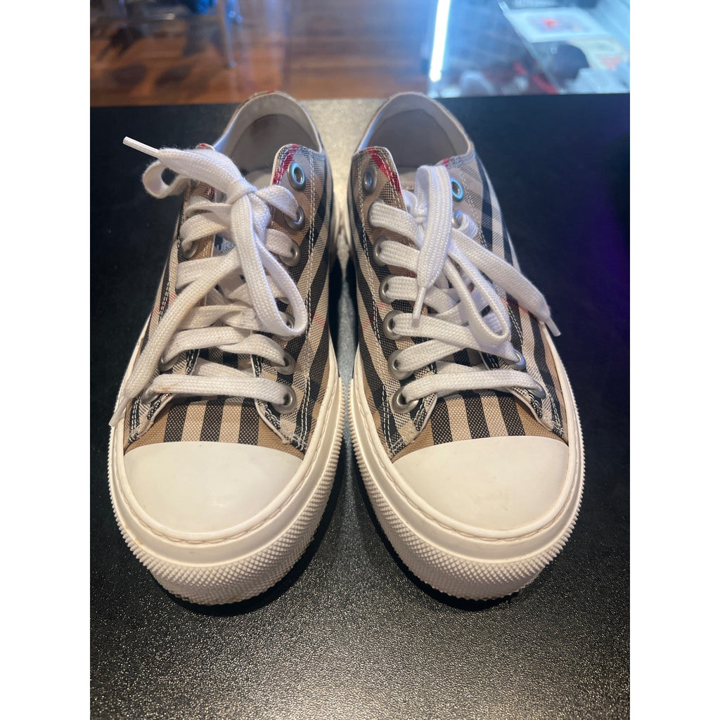 Burberry Vintage Check Canvas Platform Sneakers Beige Plaid Low Top Shoes 36.5
