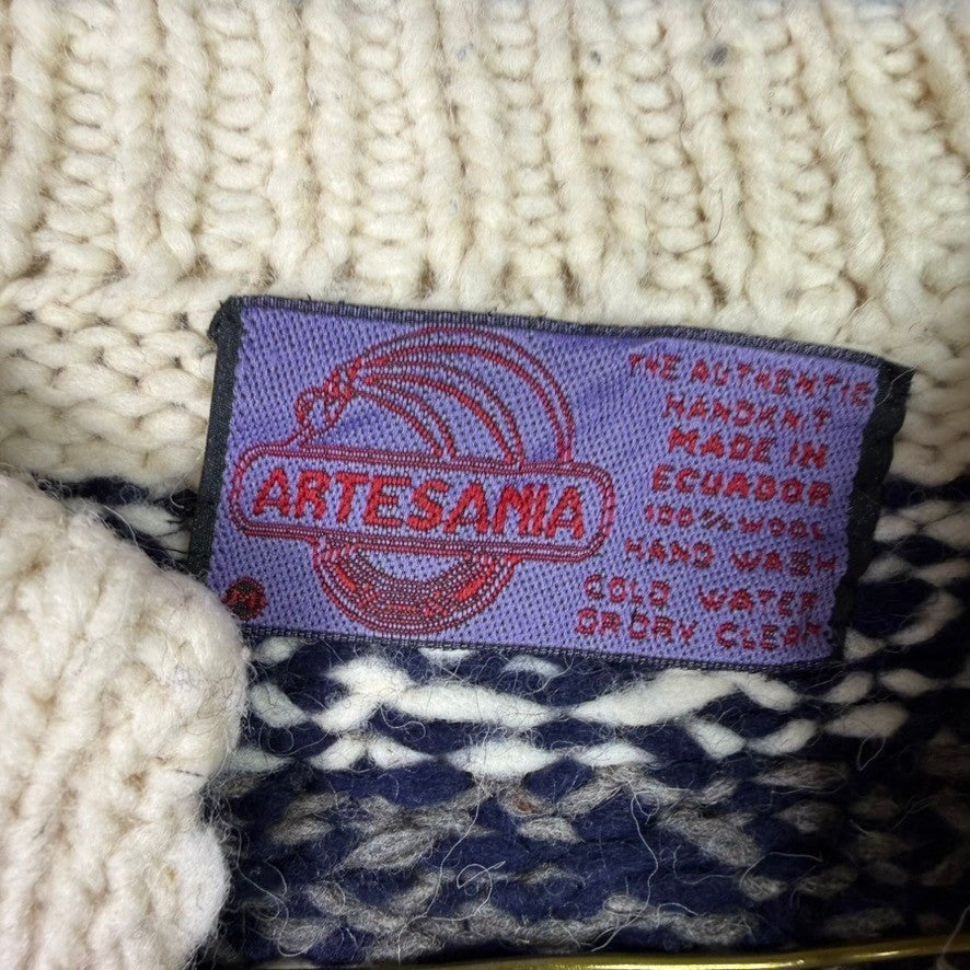 Artesania Authentic Handknit 100% Wool Cardigan Sweater Navy Grey Cream
