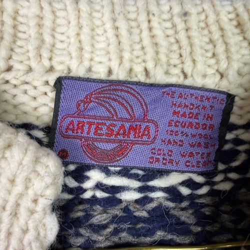 Artesania Authentic Handknit 100% Wool Cardigan Sweater Navy Grey Cream