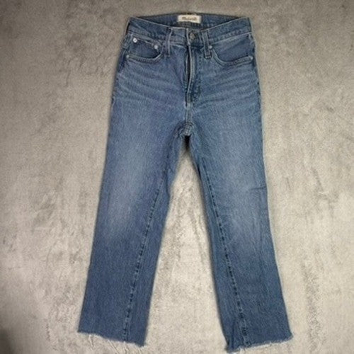 Madewell Cali Demi Boot Jeans Mid Rise Distressed Frayed Hem Blue Denim