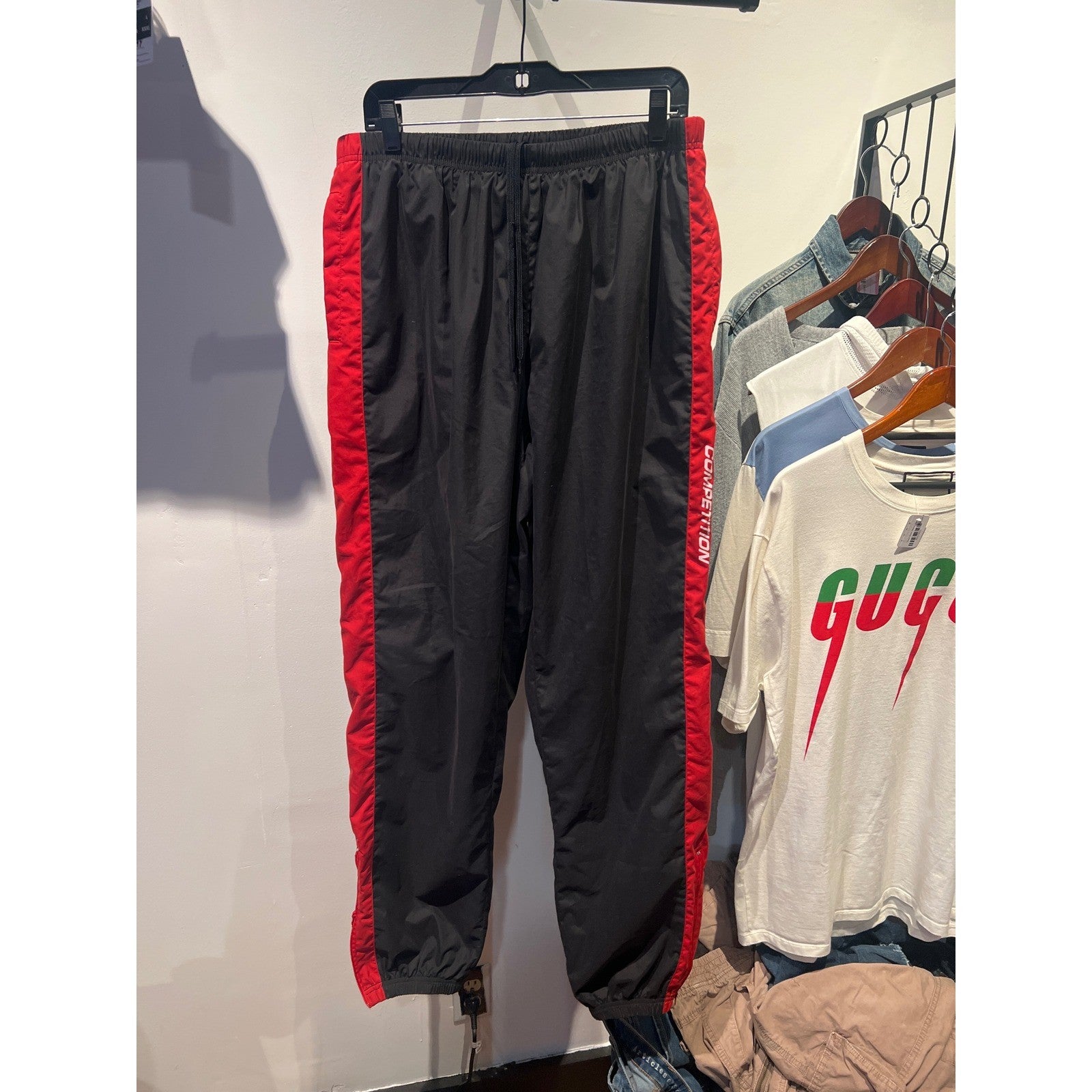 Nautica Competition Men Black Red Side Stripe Track Pants Windbreaker Nylon L