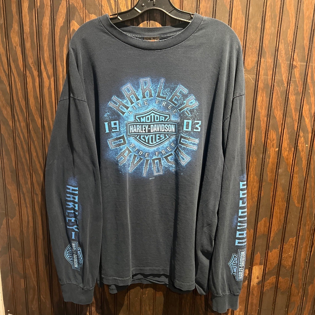 Harley-Davidson Mens Long Sleeve Graphic T-Shirt Blue 1903 Logo Faded Black 2XL