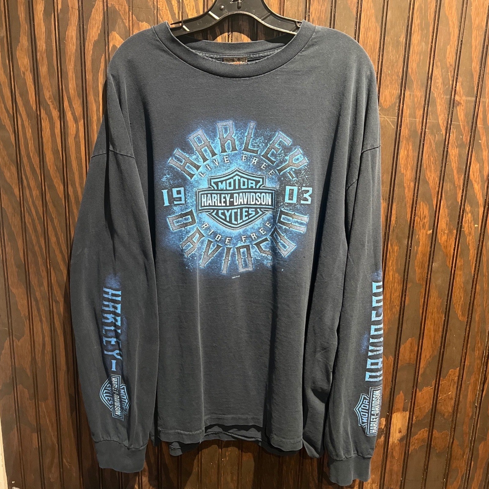 Harley-Davidson Mens Long Sleeve Graphic T-Shirt Blue 1903 Logo Faded Black 2XL