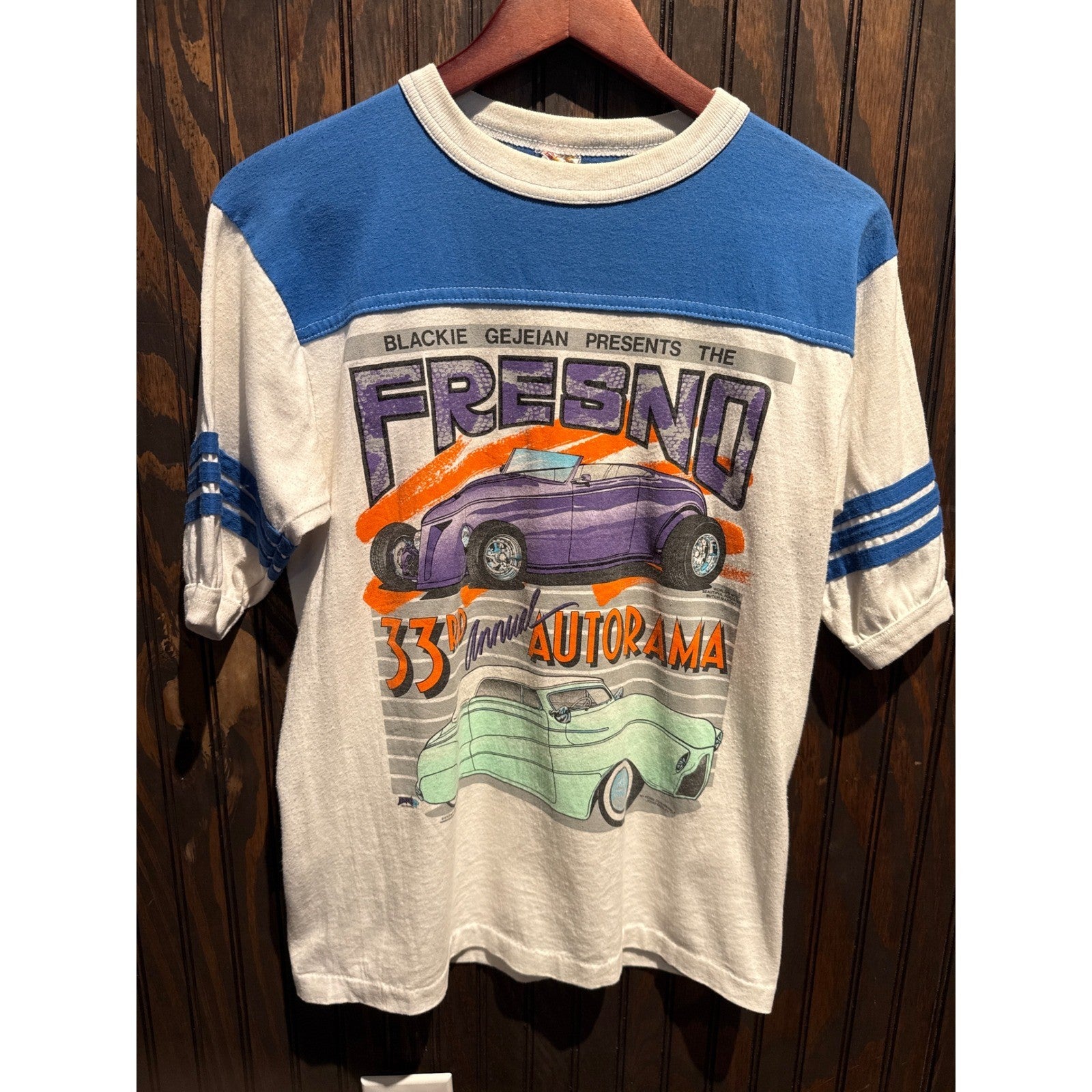 Vintage 90s Fresno Autorama Hot Rod Graphic T-Shirt Blue White Single Stitch L